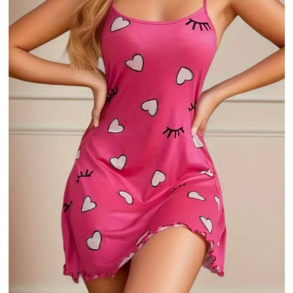 Cute Heart & Eyelash Print Lettuce Trim Slip Nightdress-Pink, Spaghetti Straps - Picture 1 of 4